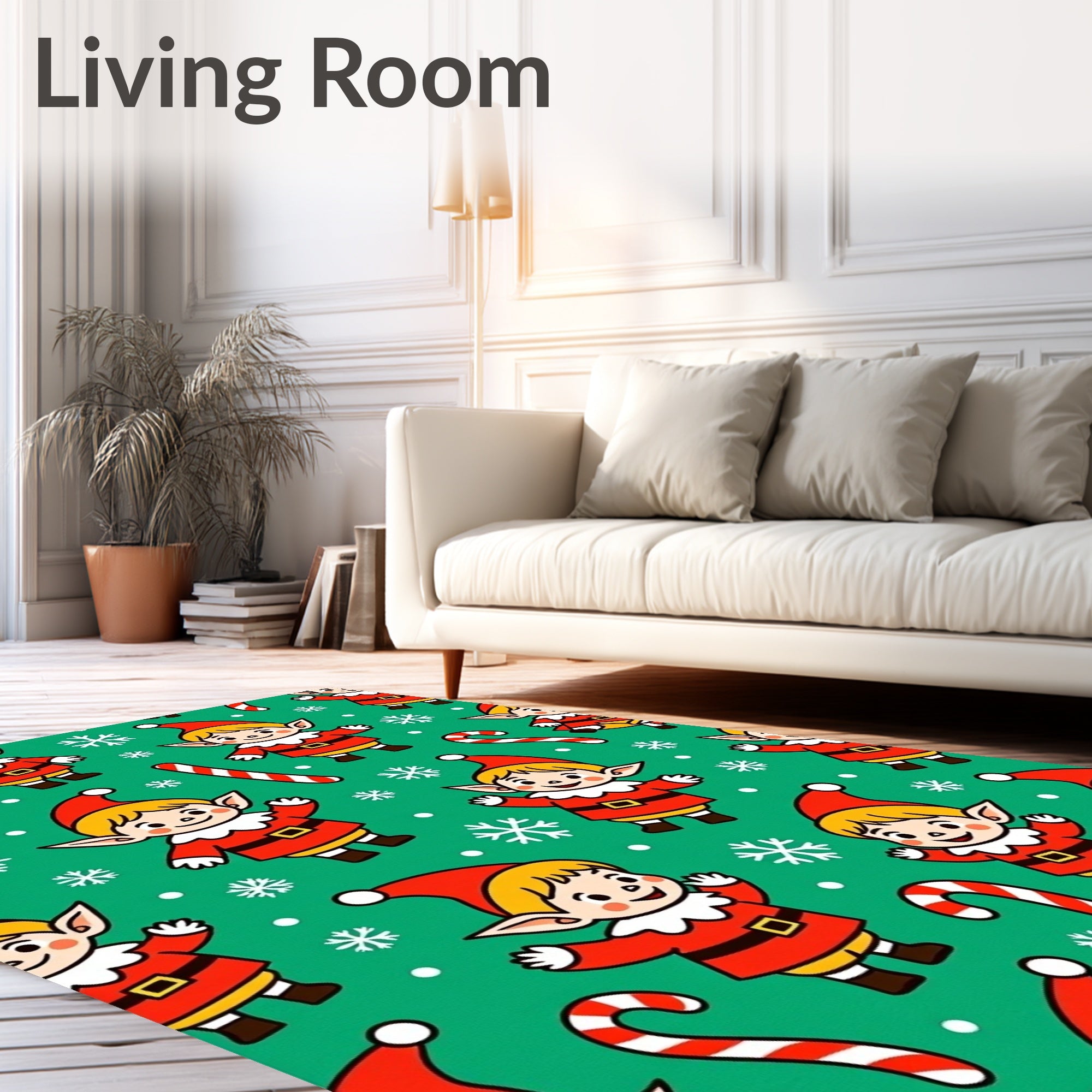 Cute Elves Candy Cane Holiday Pattern Rug