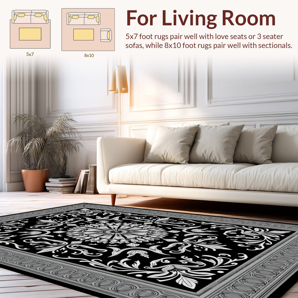 Intricate Floral Medallion Black White Rug