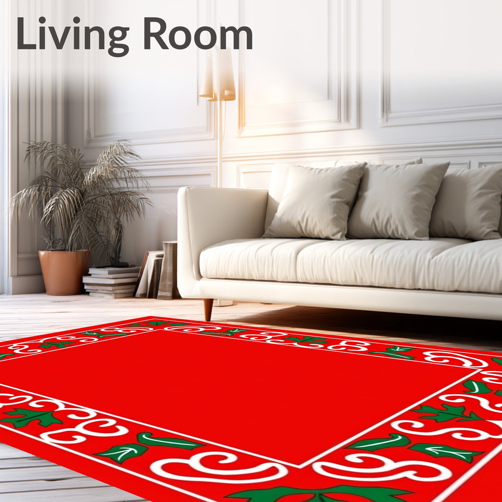 Festive Holly Leaf Swirls Border Design Rug