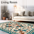 Classic Floral Medallion Ivory Teal Rug