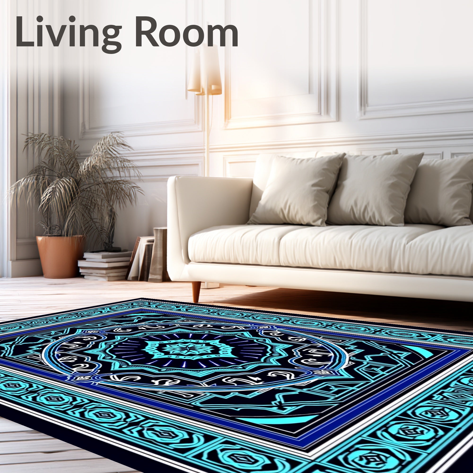Intricate Teal Blue Geometric Mandala Rug