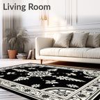 Ornate Black White Blossom Scroll Rug