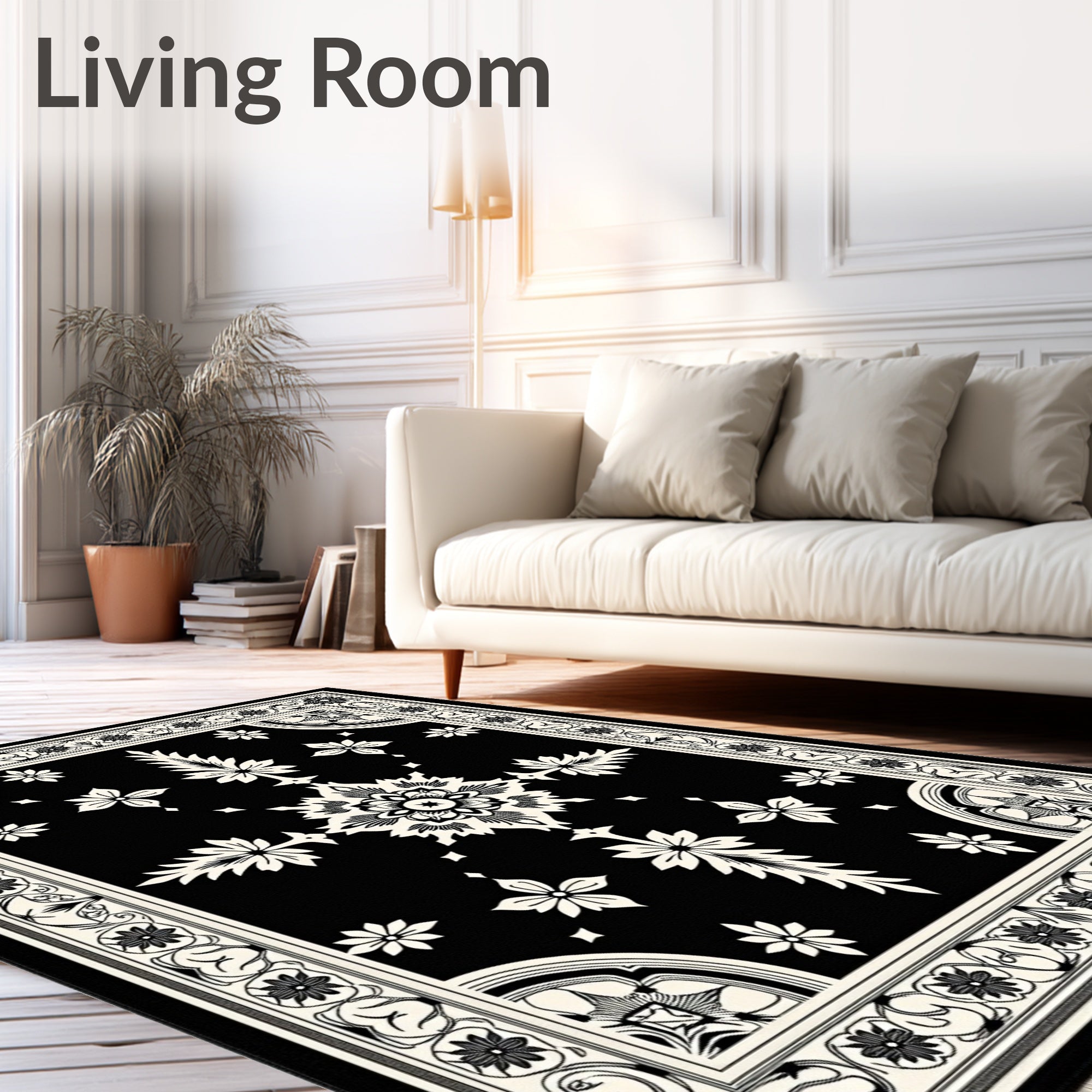 Ornate Black White Blossom Scroll Rug