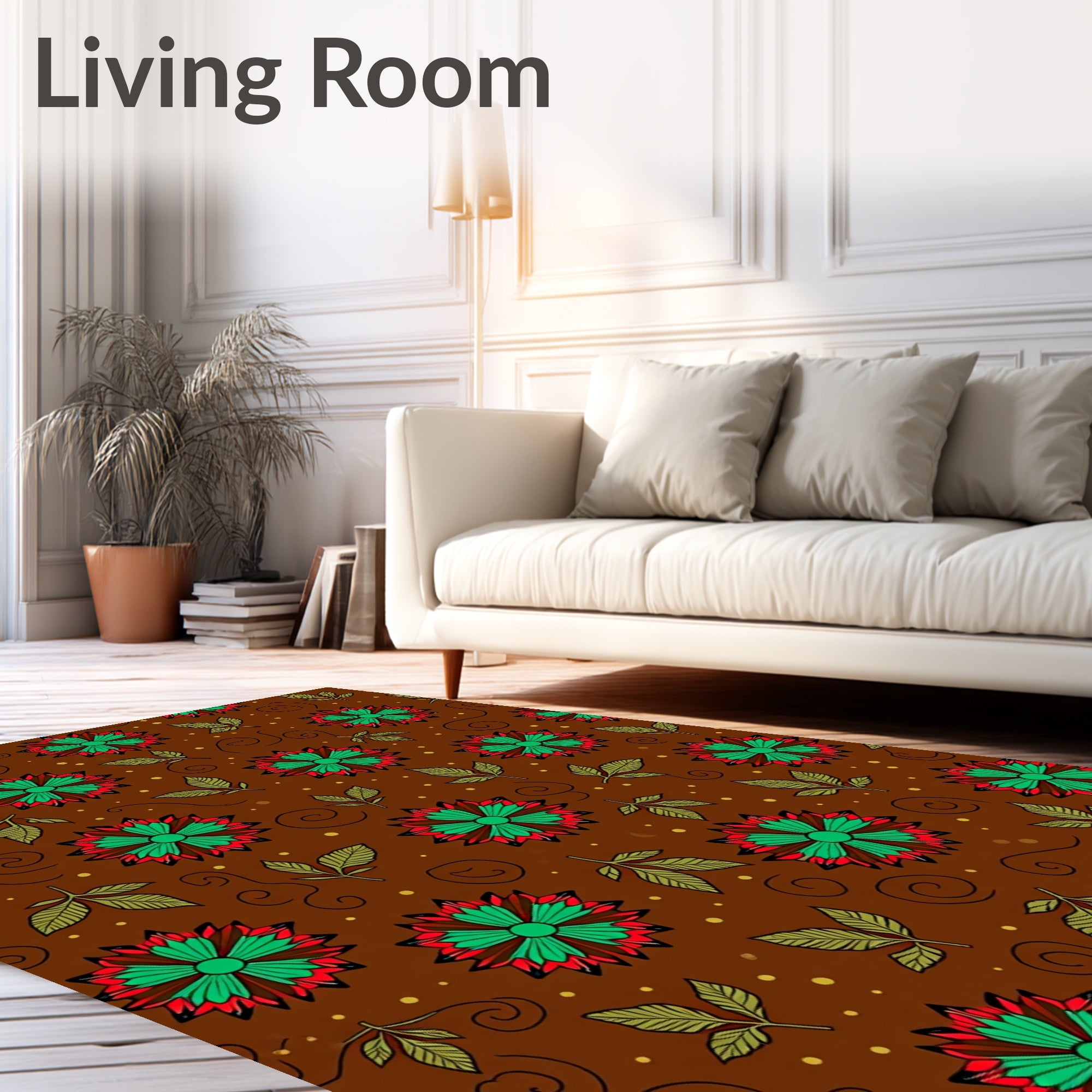 Red Green Floral Swirls Pattern Rug