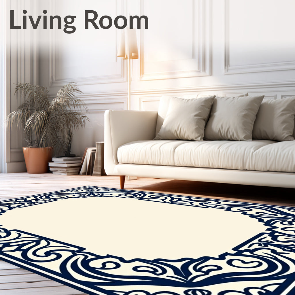 Classic Ornate Navy Scrollwork Border Rug