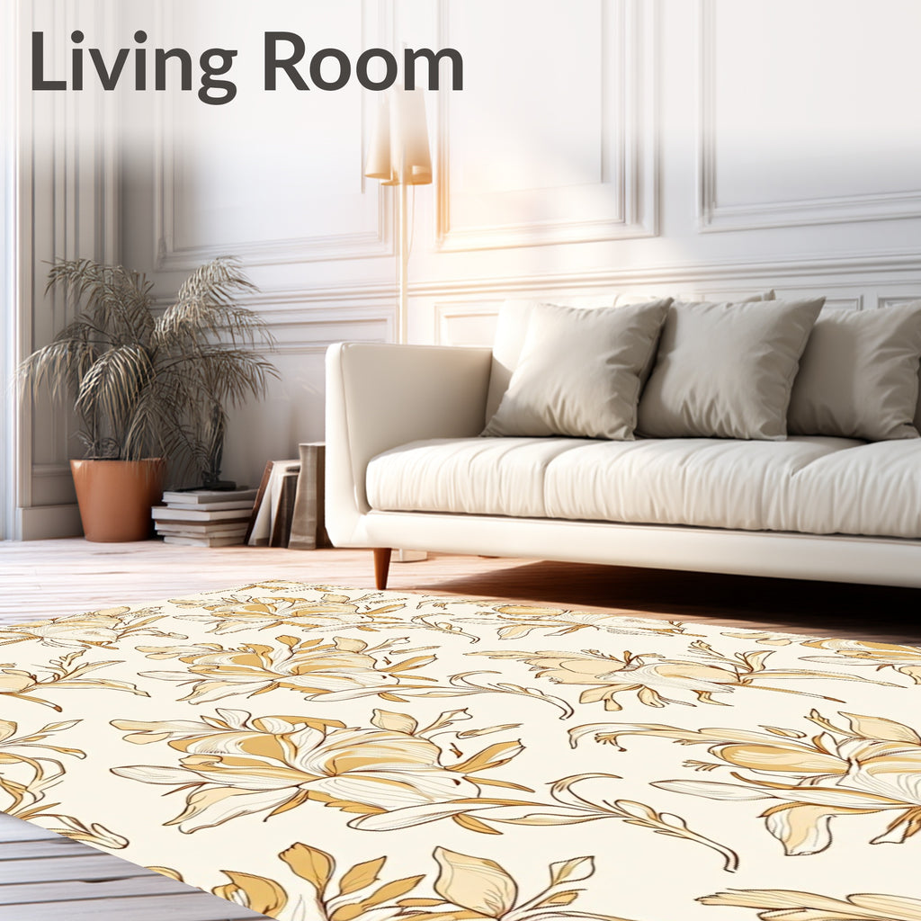 Golden Floral Outline Art Rug