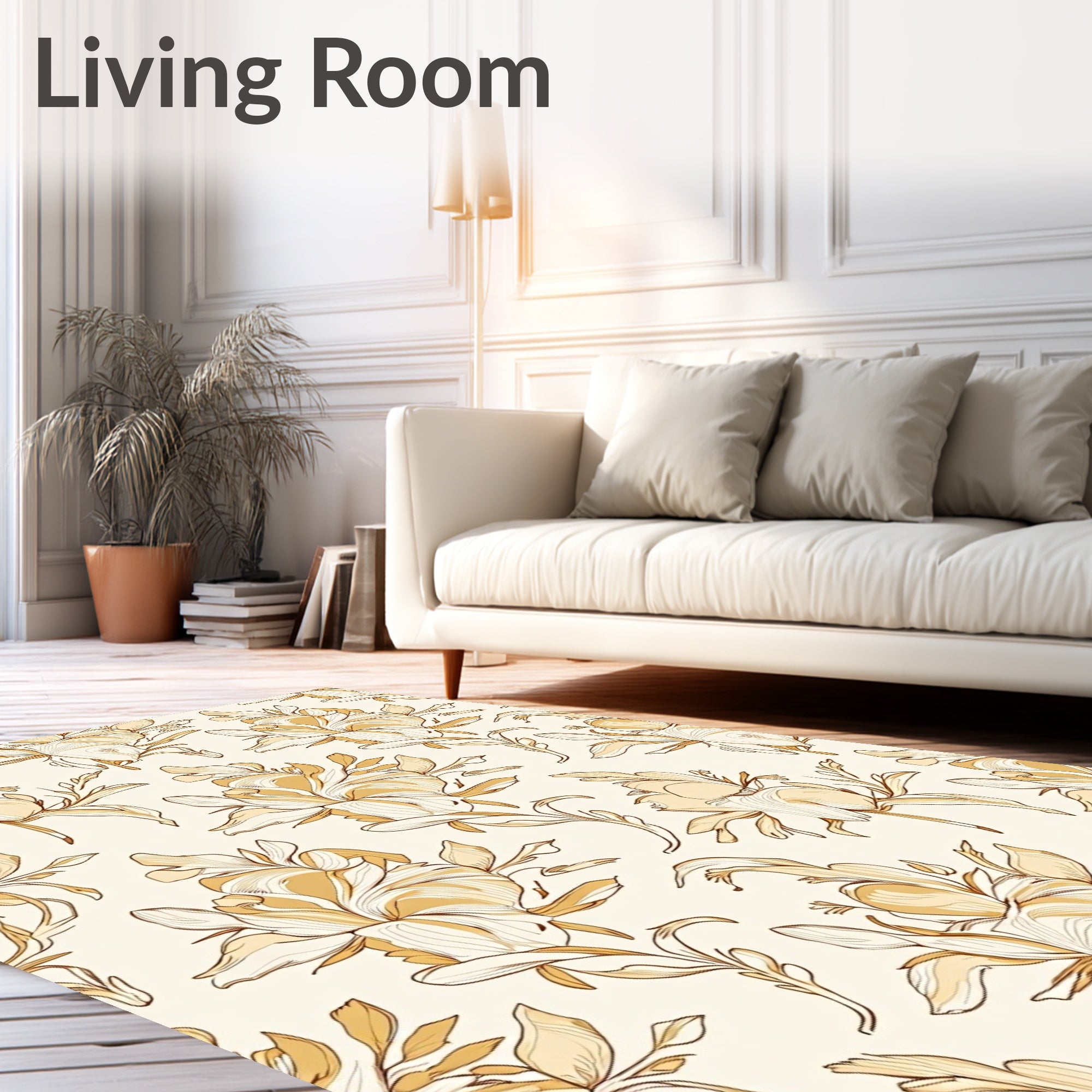 Golden Floral Outline Art Rug