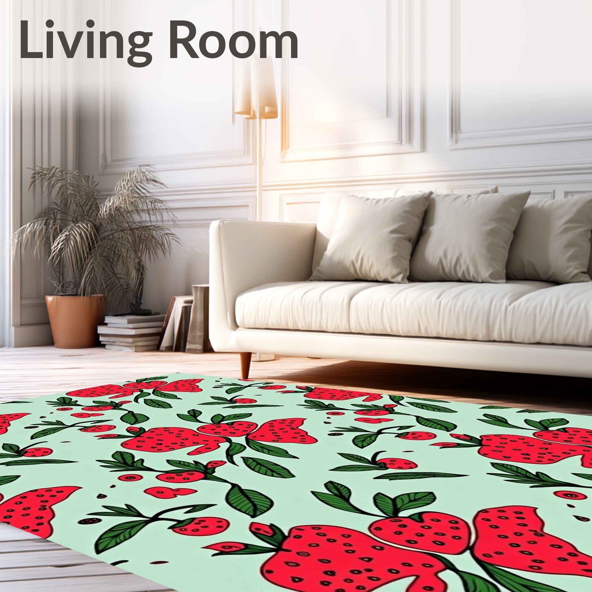 Red Strawberry Green Leaf Pattern Rug