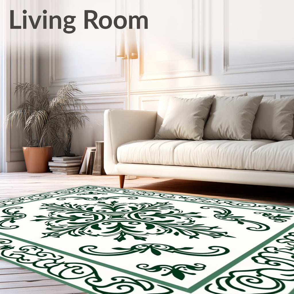 Elegant Green Floral Scroll Pattern Rug