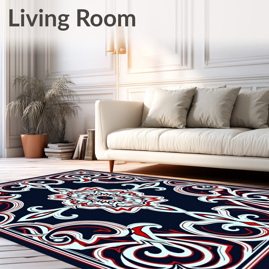 Ornate Red White Blue Floral Pattern Rug