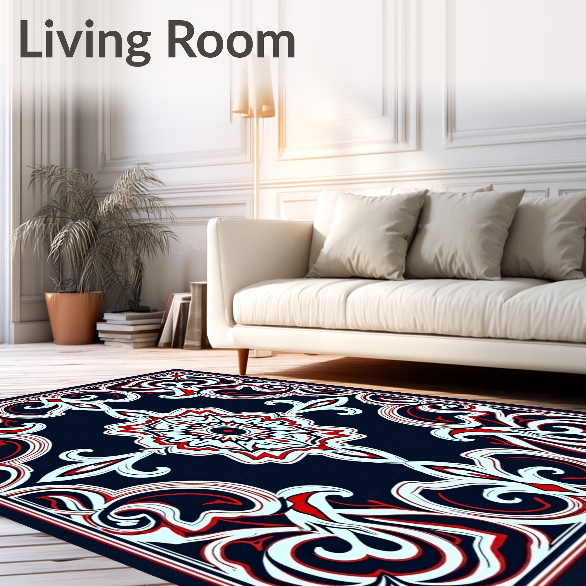 Ornate Red White Blue Floral Pattern Rug