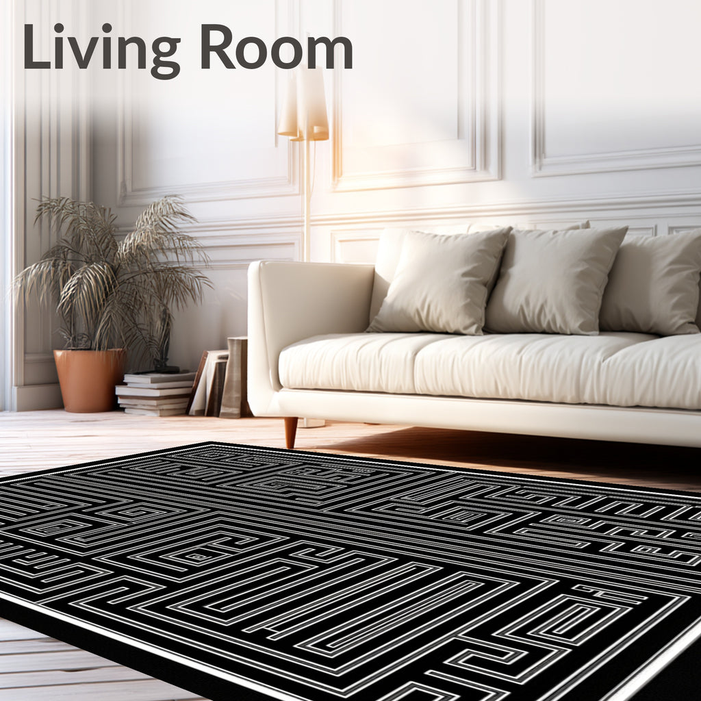 Black and White Abstract Maze Pattern Rug