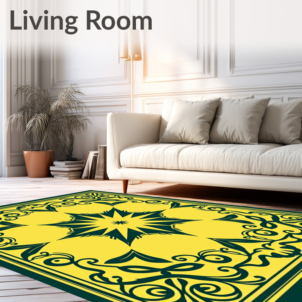 Bold Dark Green Yellow Floral Medallion Rug