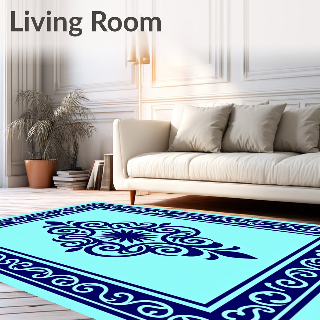 Ornate Dark Blue Floral Frame Rug