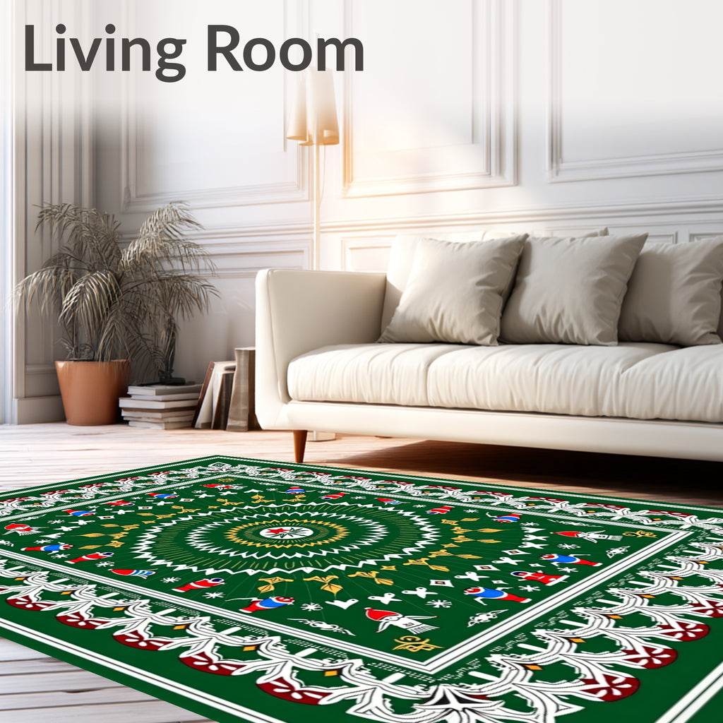 Vibrant Green Circular Festive Design Rug