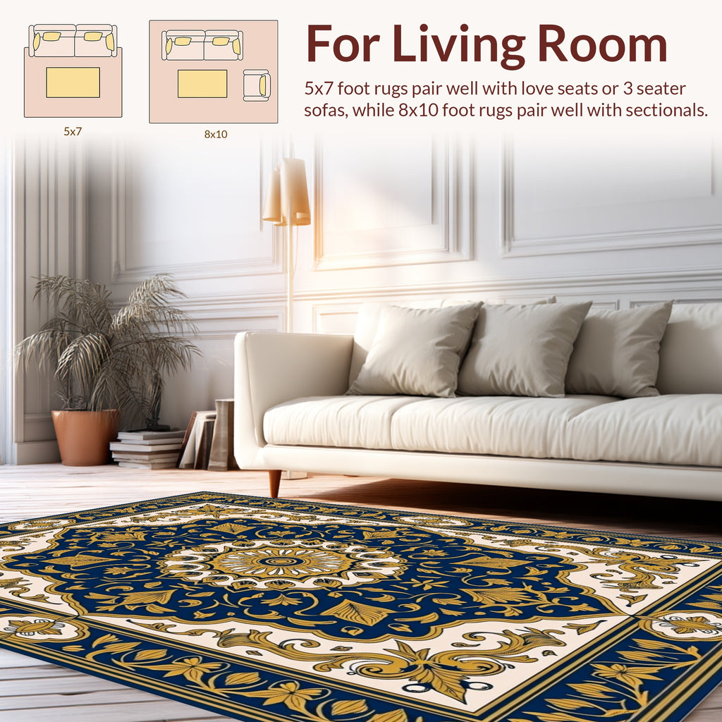 Golden Navy Floral Medallion Design Rug
