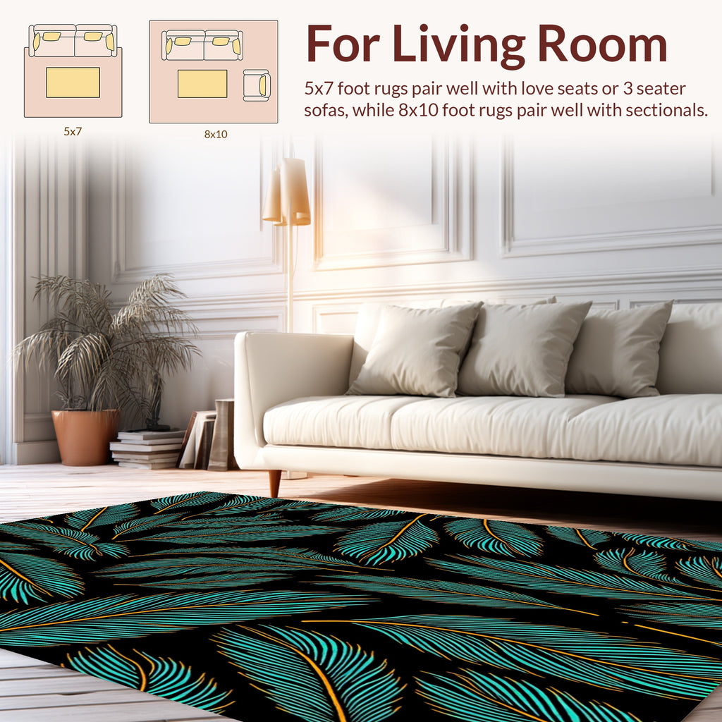 Teal Orange Feather Pattern Design Rug