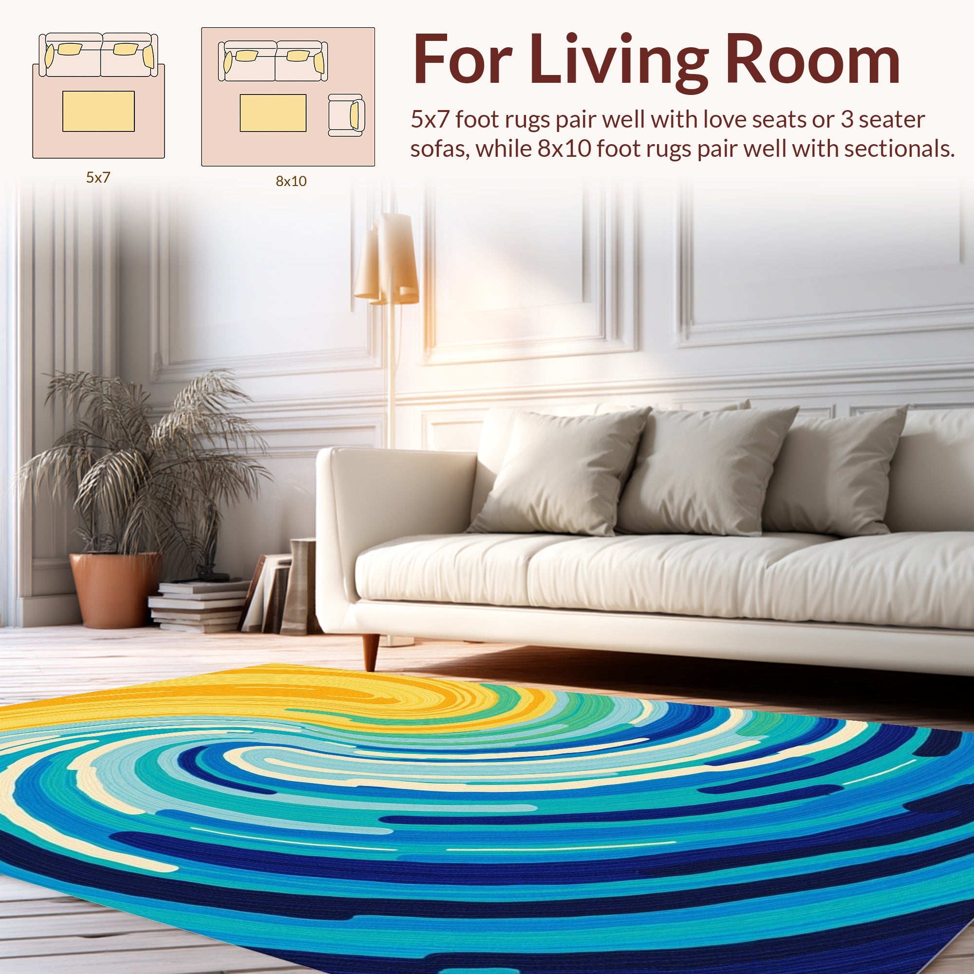 Swirling Abstract Blue Yellow Strokes Rug