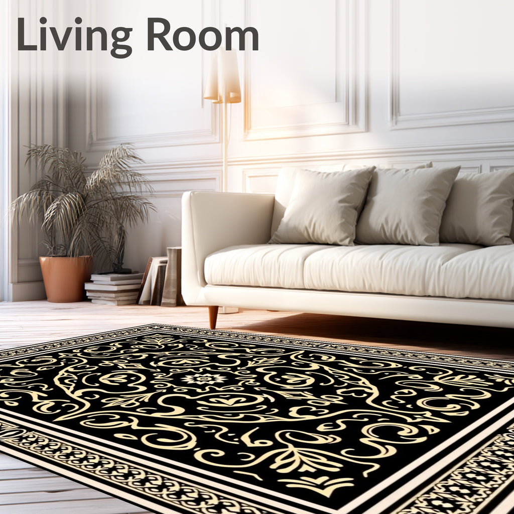 Ornate Black Gold Scrollwork Pattern Rug