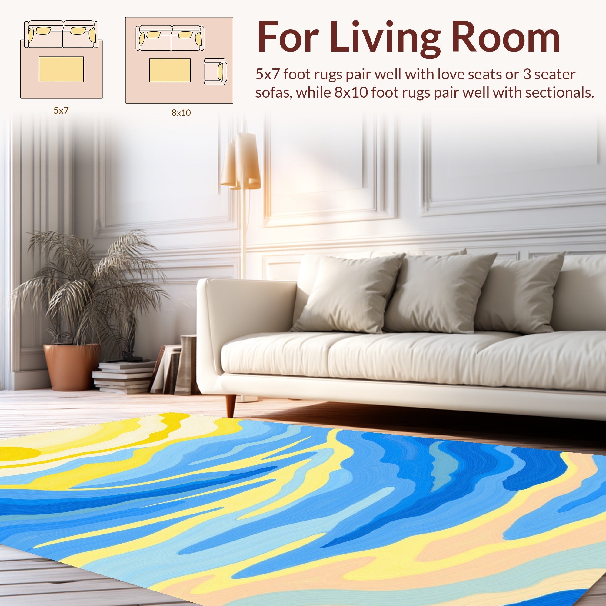 Abstract Wavy Blue Yellow Sun Design Rug