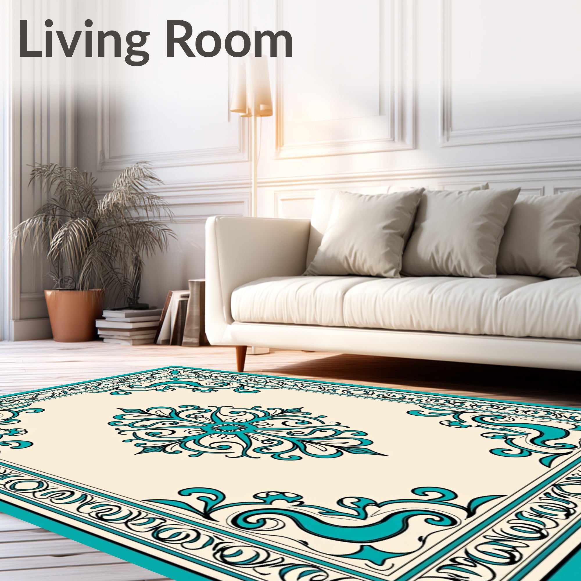 Ornate Teal Cream Scroll Rug