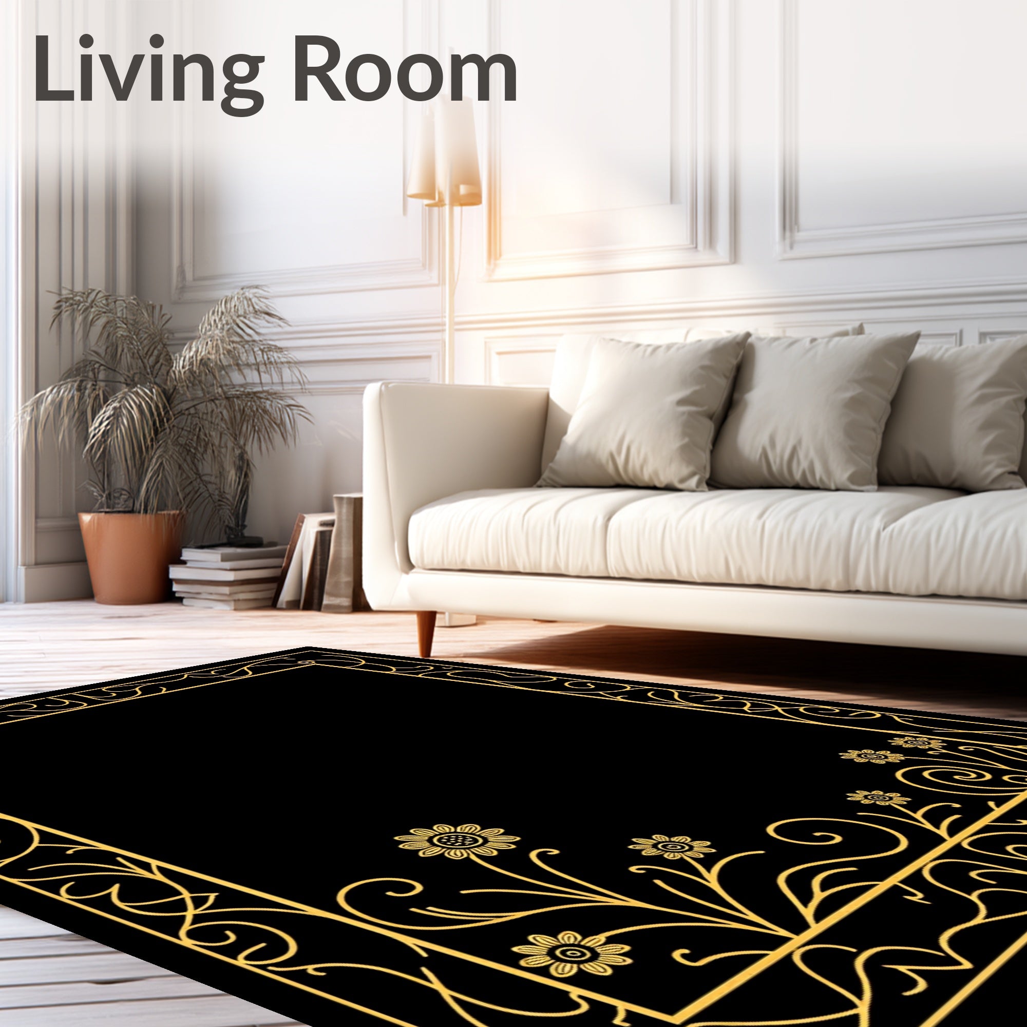 Gold Floral Swirl Art Nouveau Pattern Rug