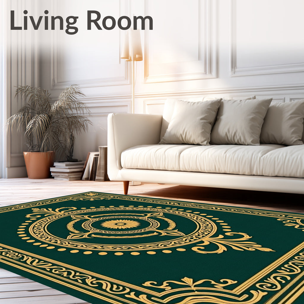 Ornate Gold Floral Green Patterned Rug