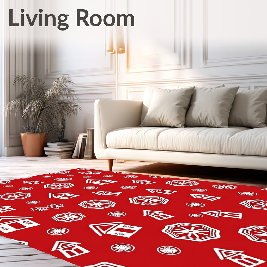 Red White Folk Art House Pattern Rug