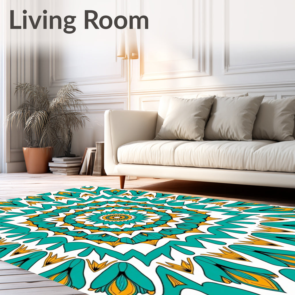 Teal Yellow Floral Mandala Pattern Rug