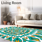 Teal Yellow Floral Mandala Pattern Rug