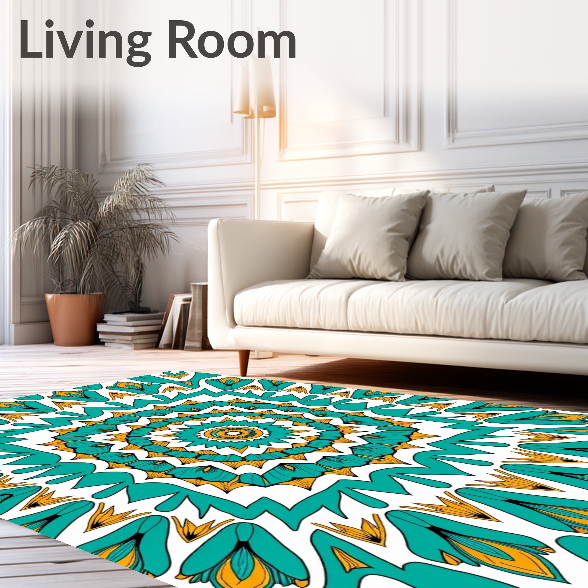 Teal Yellow Floral Mandala Pattern Rug