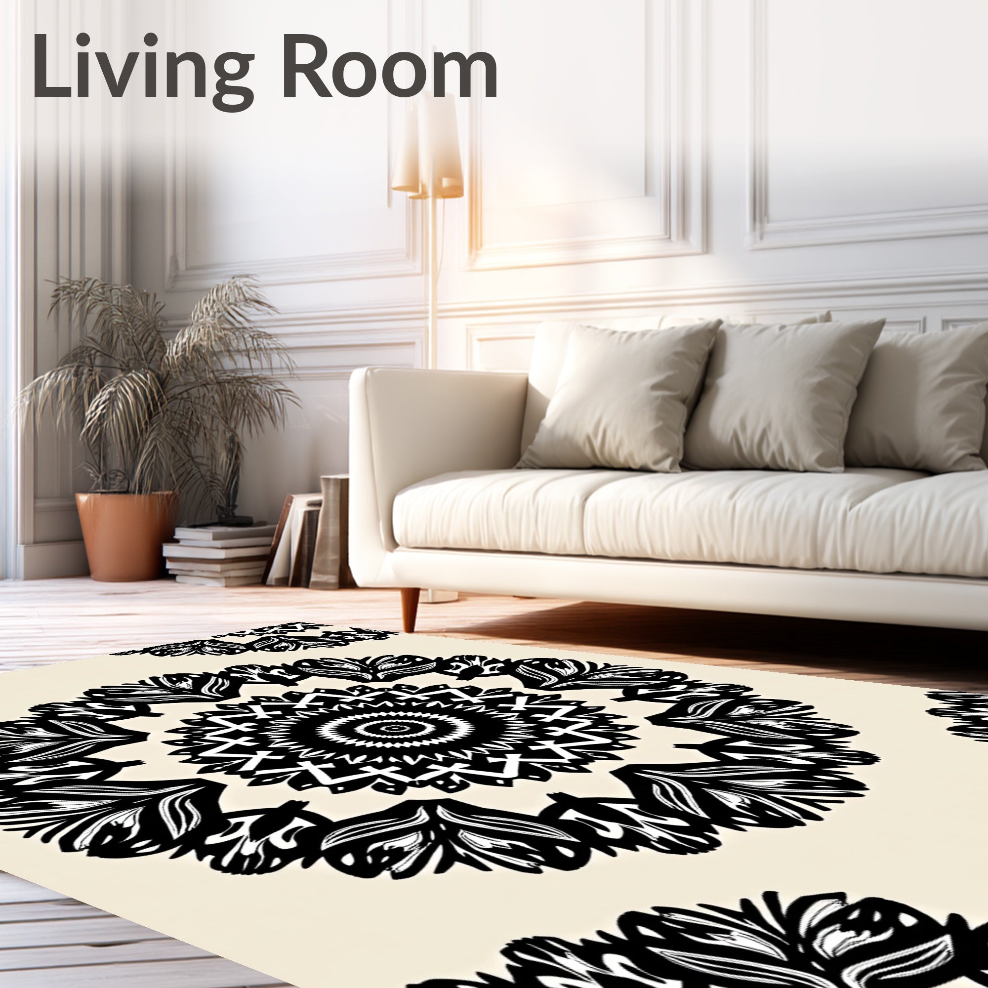 Ornate Black White Mandala Pattern Rug