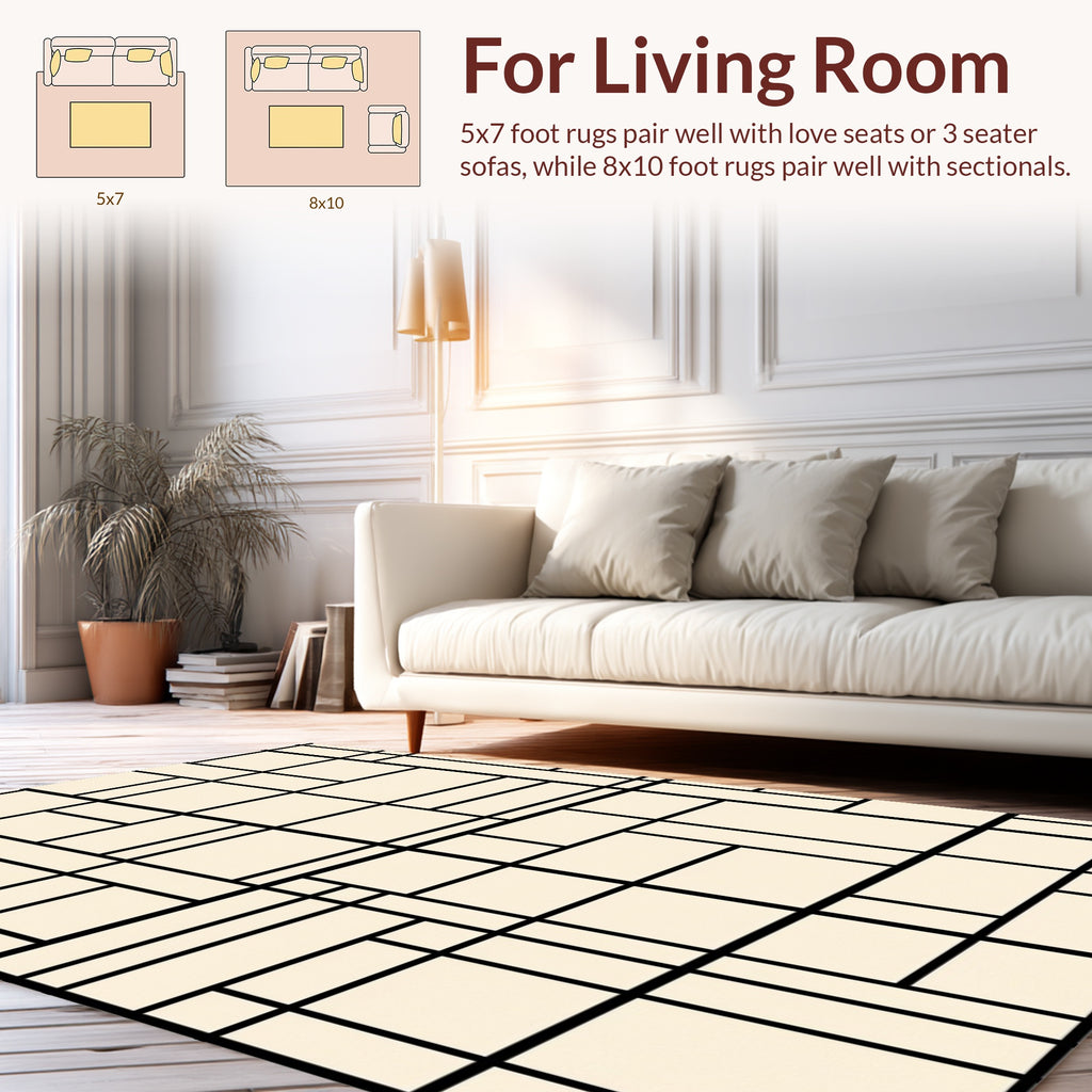 Geometric Grid Black and Cream Design Rug