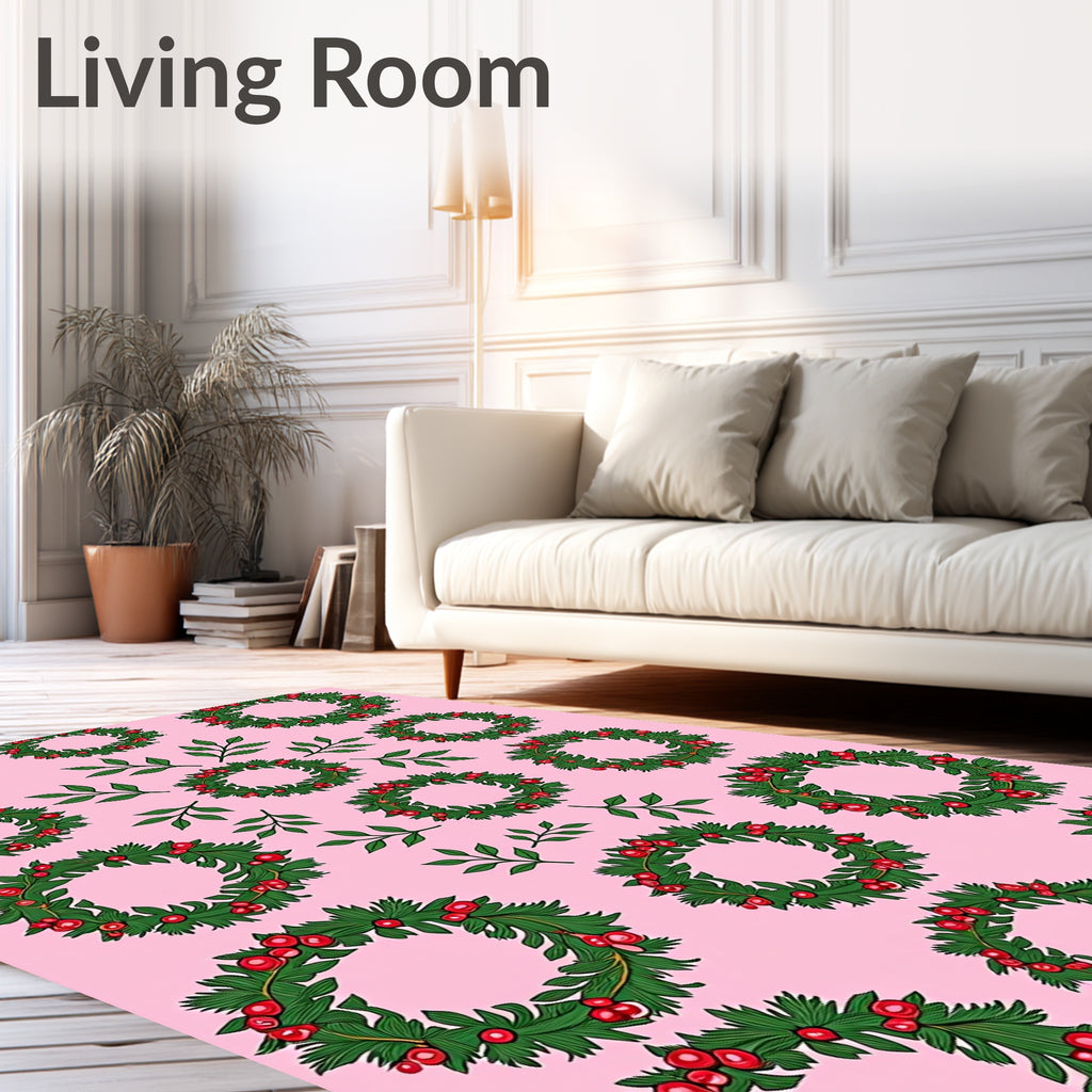 Festive Wreaths with Red Berries Pattern Rug