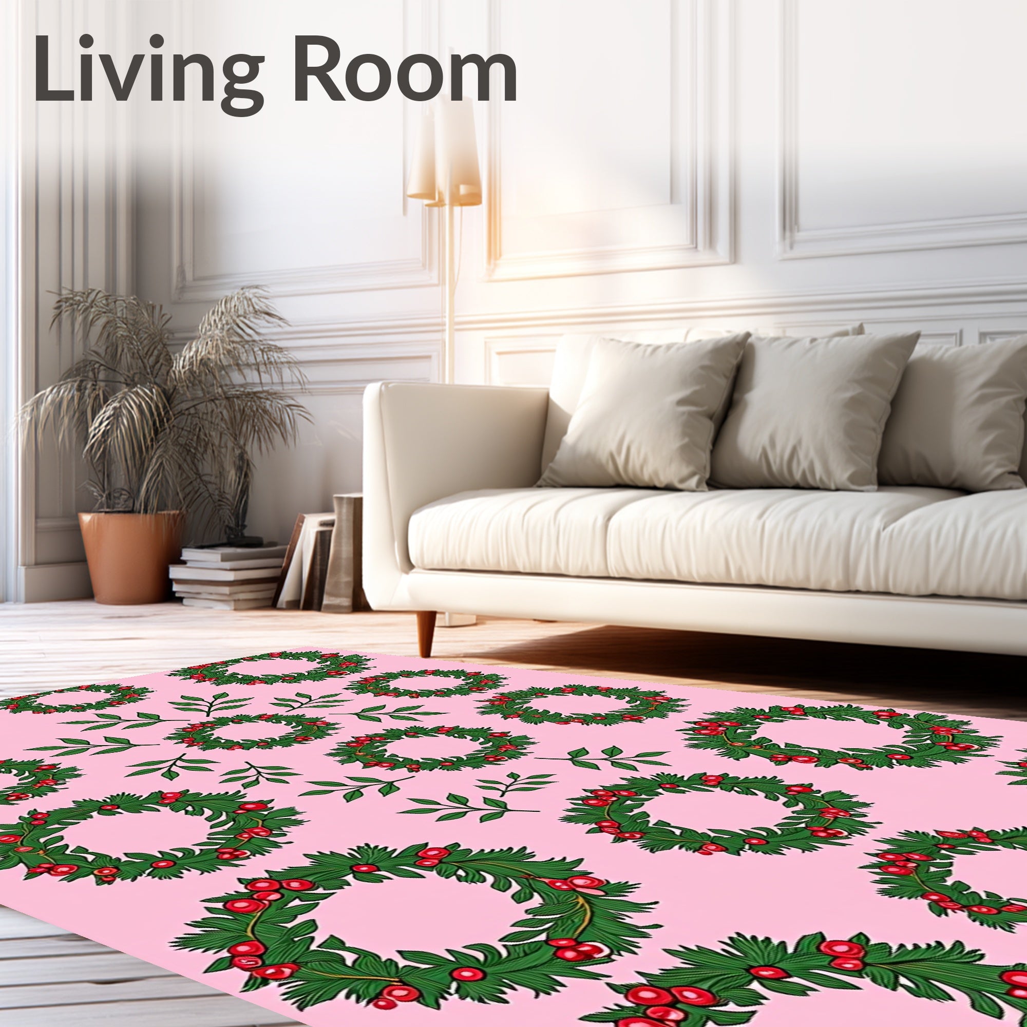 Festive Wreaths with Red Berries Pattern Rug