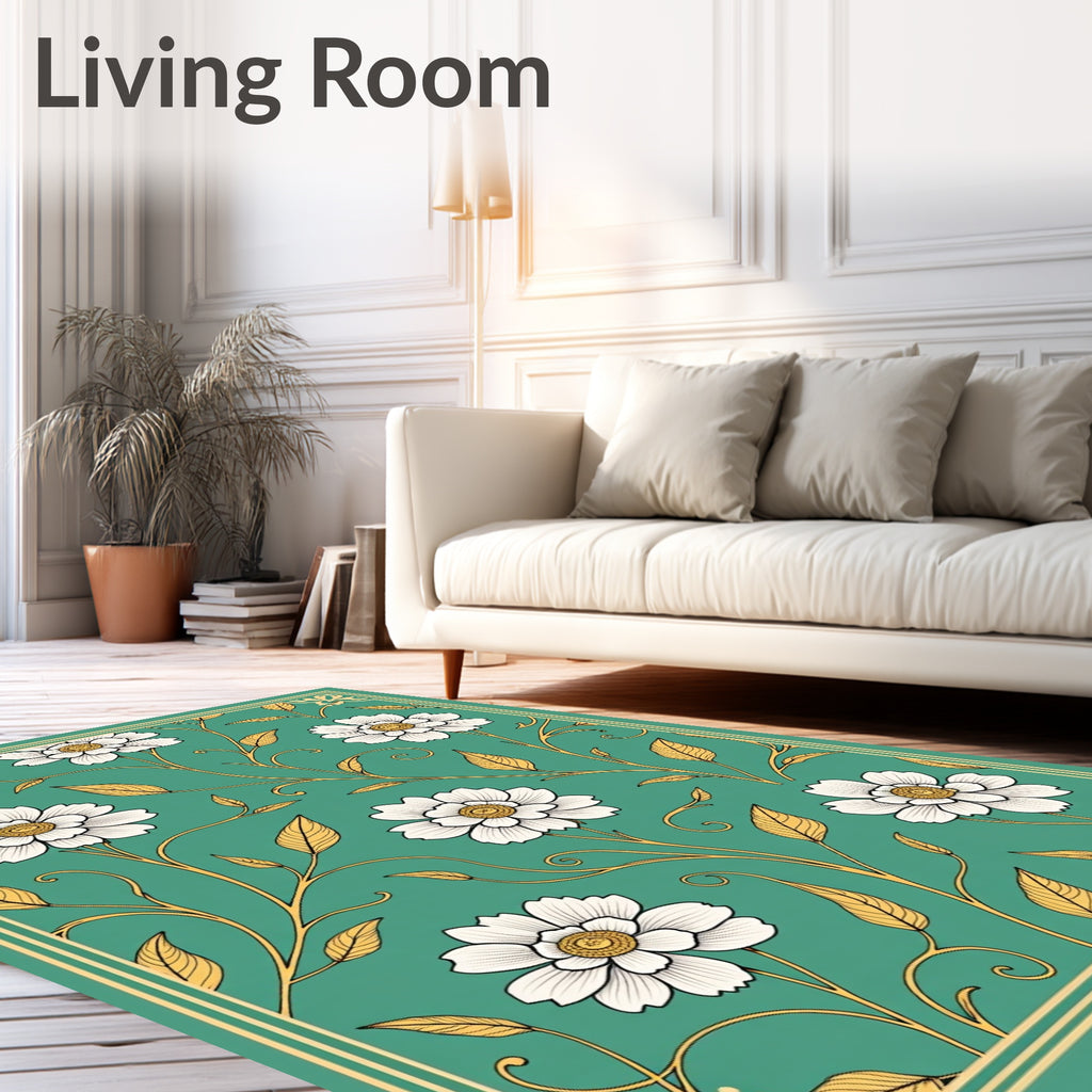White Floral Vines On Teal Background Rug