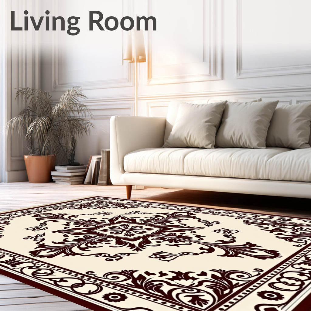 Damask Floral Motif With Cream Maroon Rug