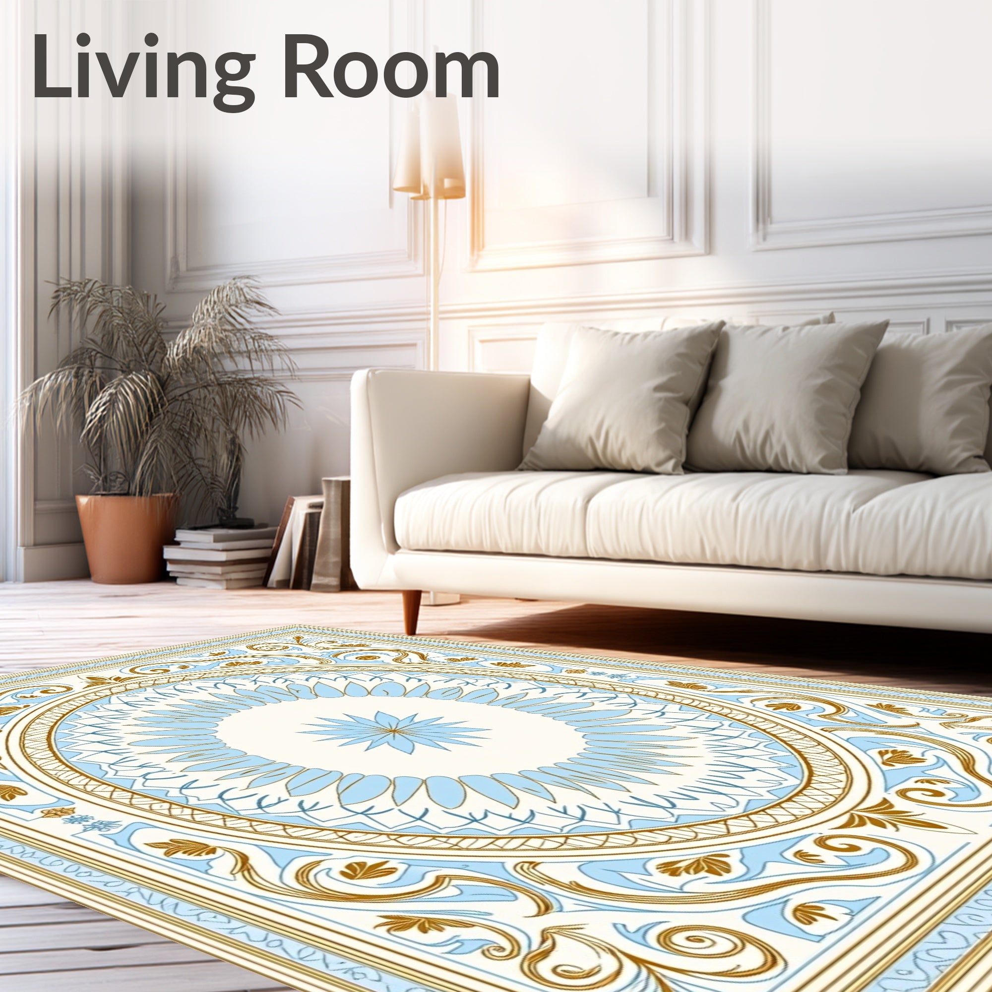 Elegant Blue Gold Floral Medallion Rug