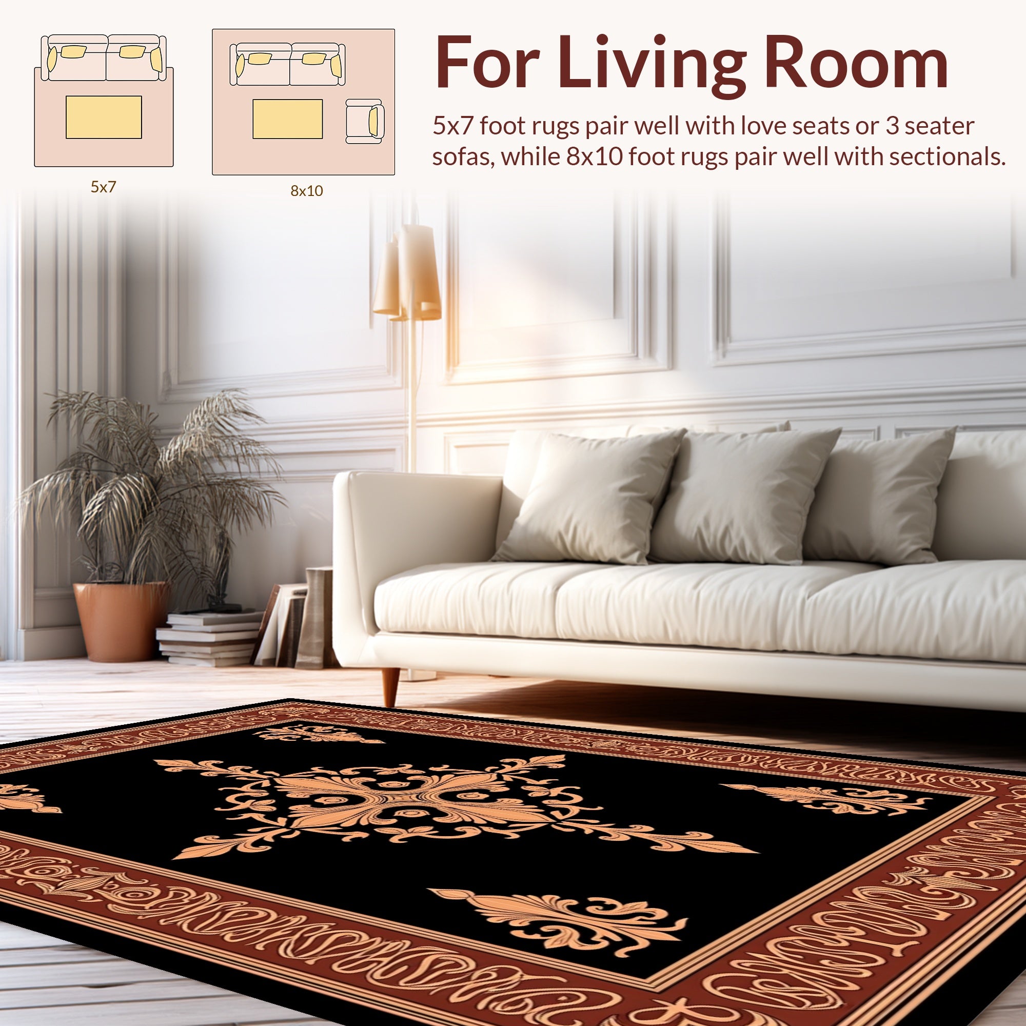 Ornate Black Tan Damask Pattern Rug