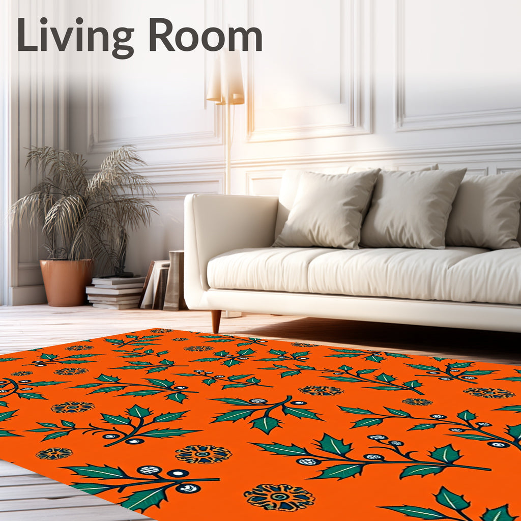 Green Holly Branches Ornate Floral Pattern Rug