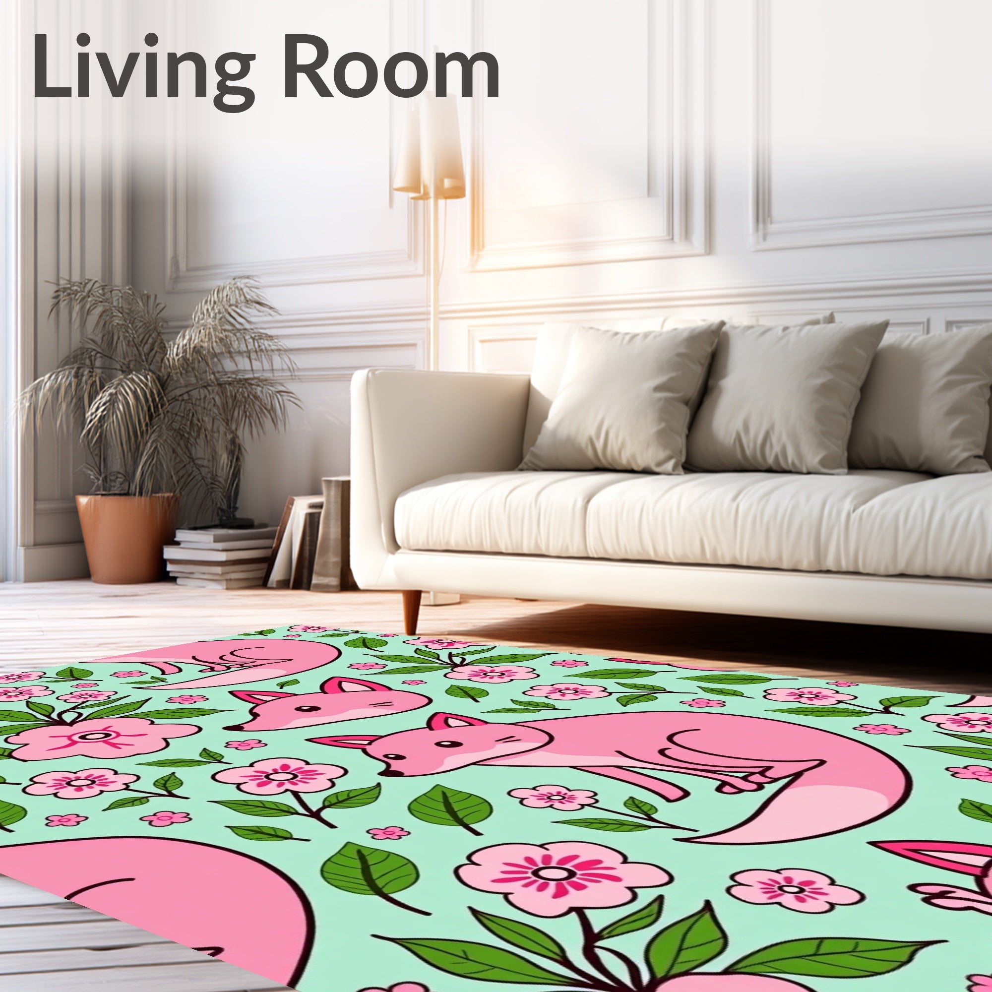 Pink Fox Floral Pattern Rug