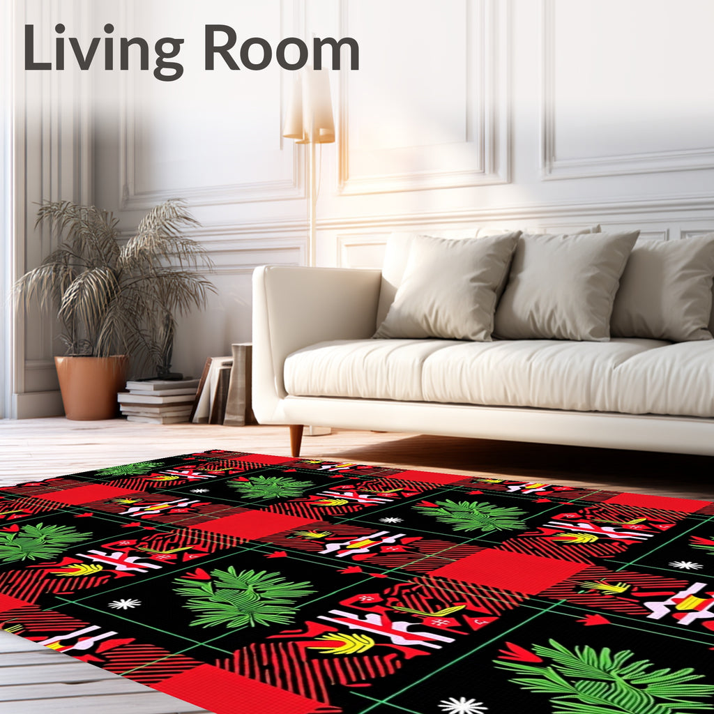 Red Black Green Abstract Floral Plaid Rug