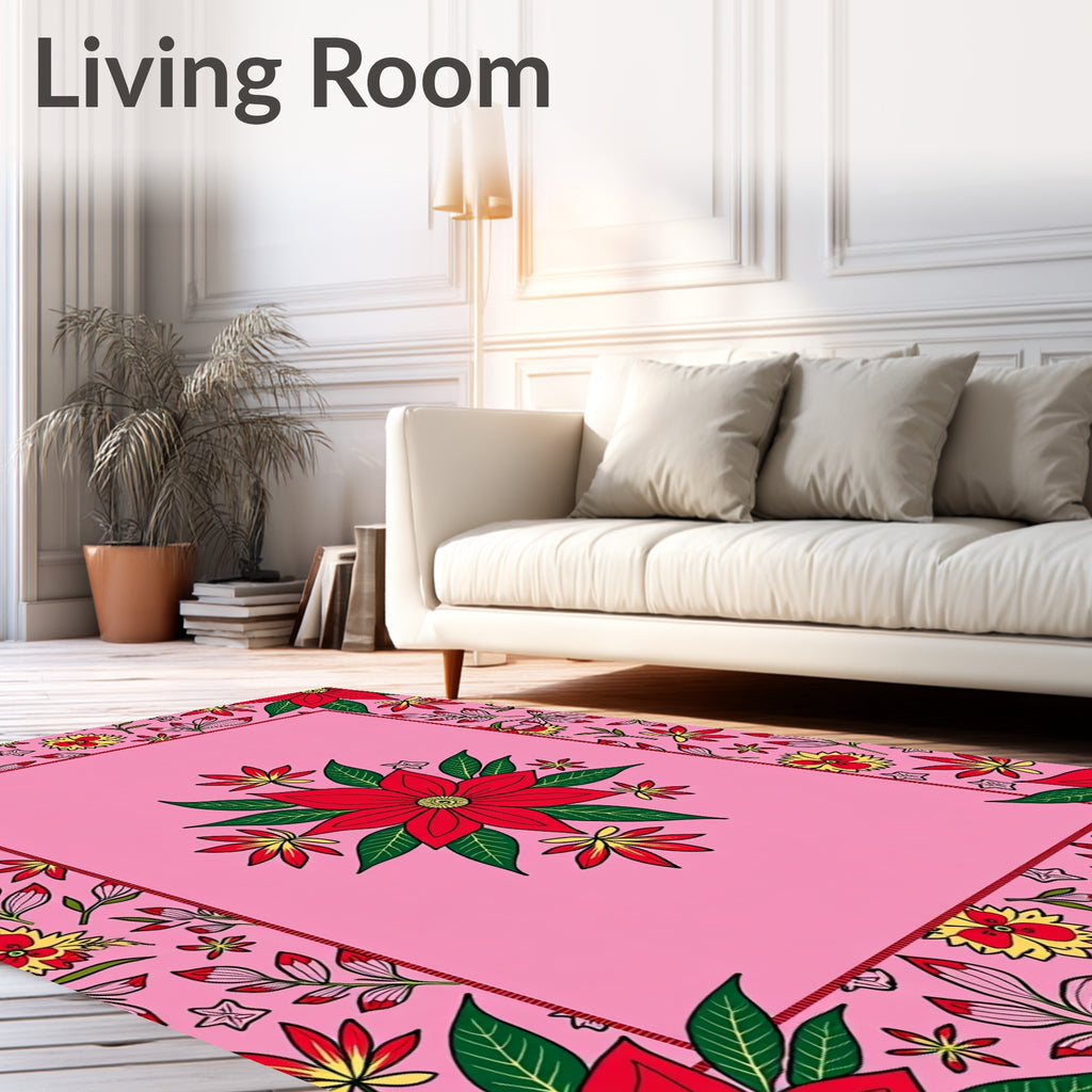 Red Floral Patterned Pink Rug