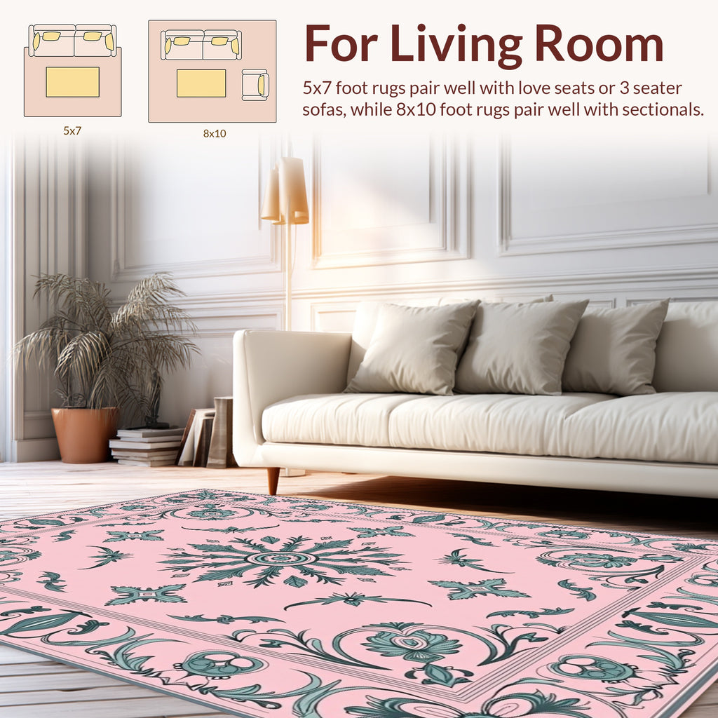 Ornate Floral Scrollwork Light Pink Rug