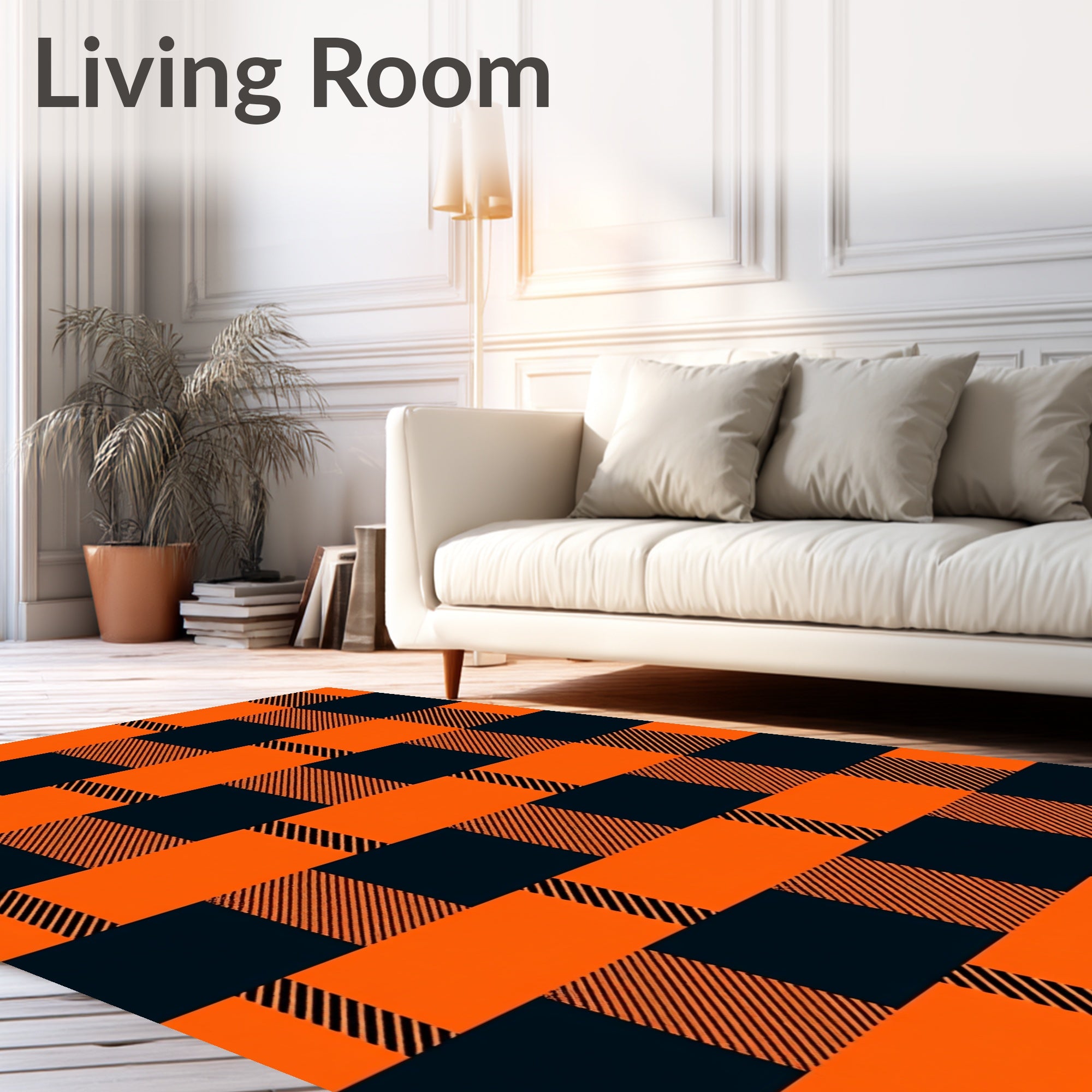 Bold Orange Black Plaid Rectangles Design Rug
