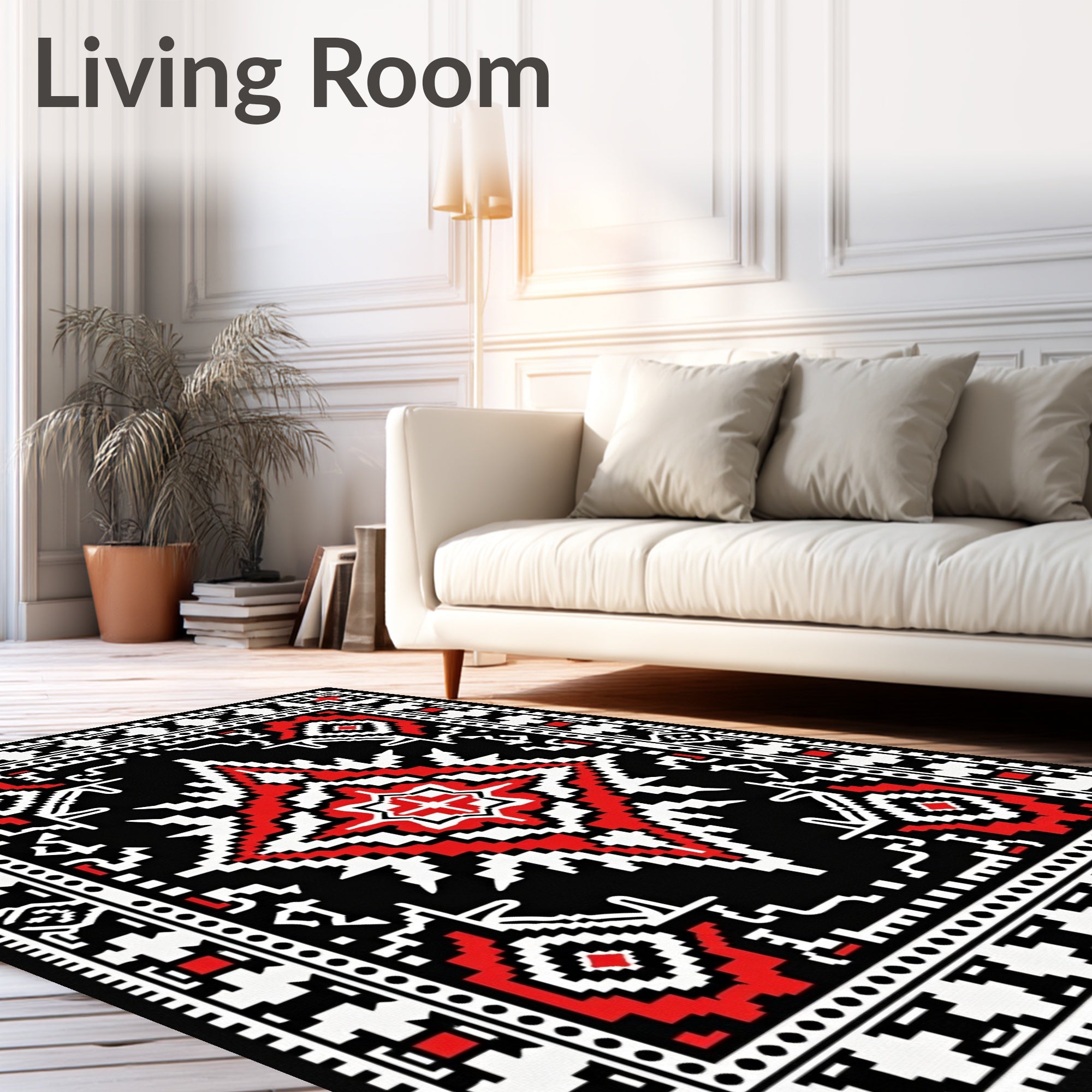 Bold Geometric Red Black White Design Rug