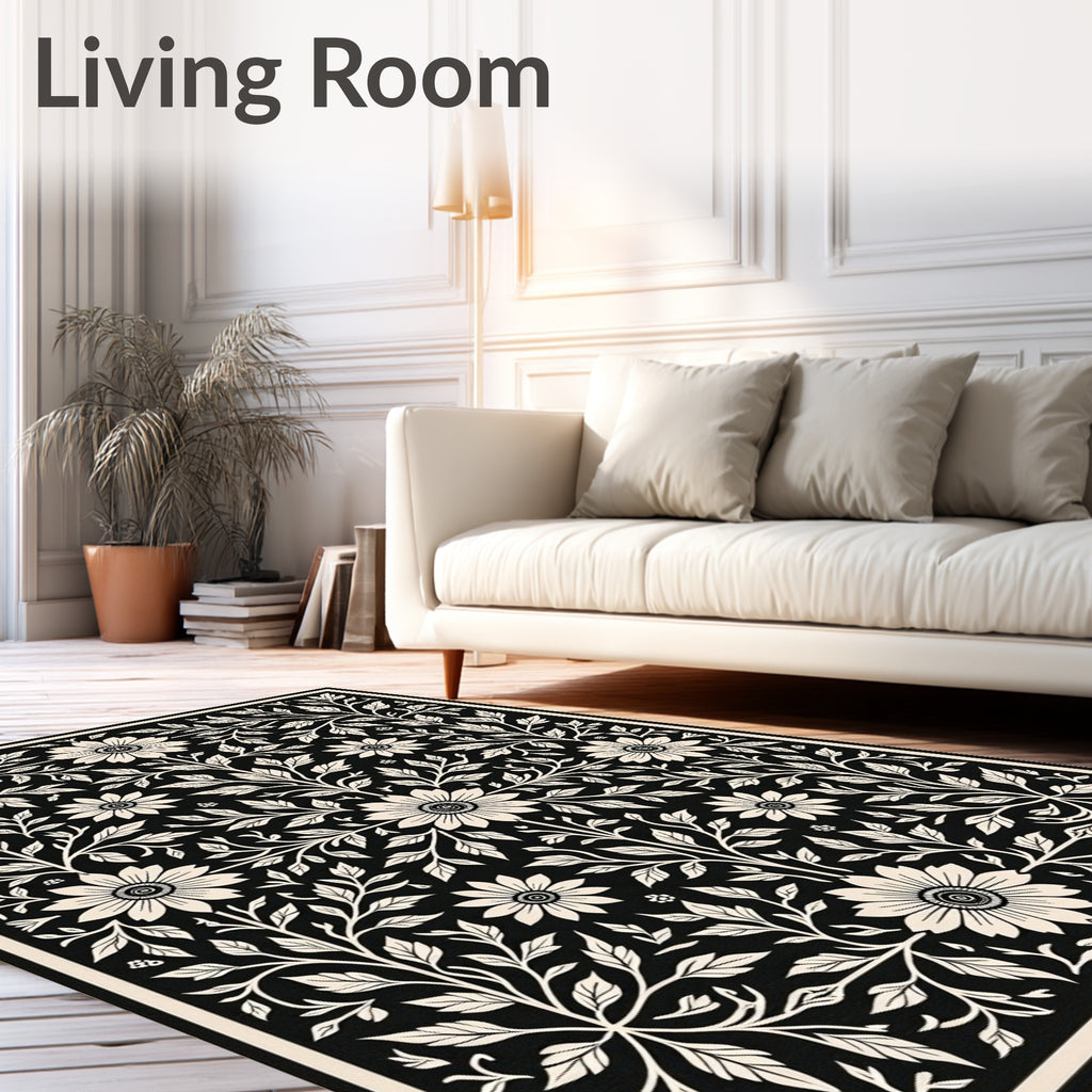 Black Floral Botanical Pattern Design Rug