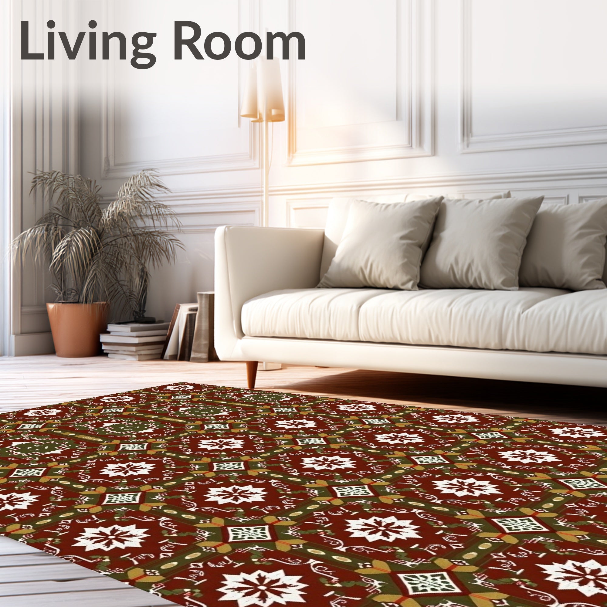 Rich Red Ochre Geometric Floral Pattern Rug