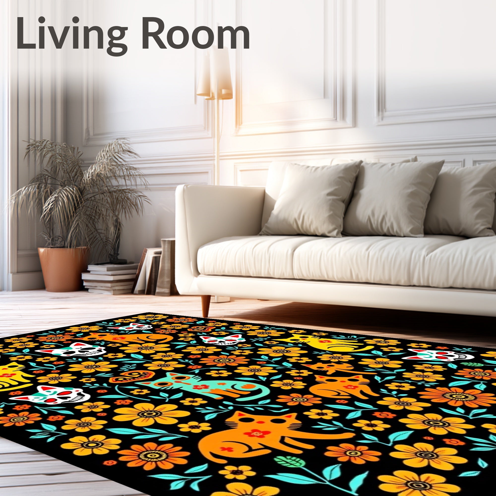 Whimsical Floral Skull Cat Pattern Rug