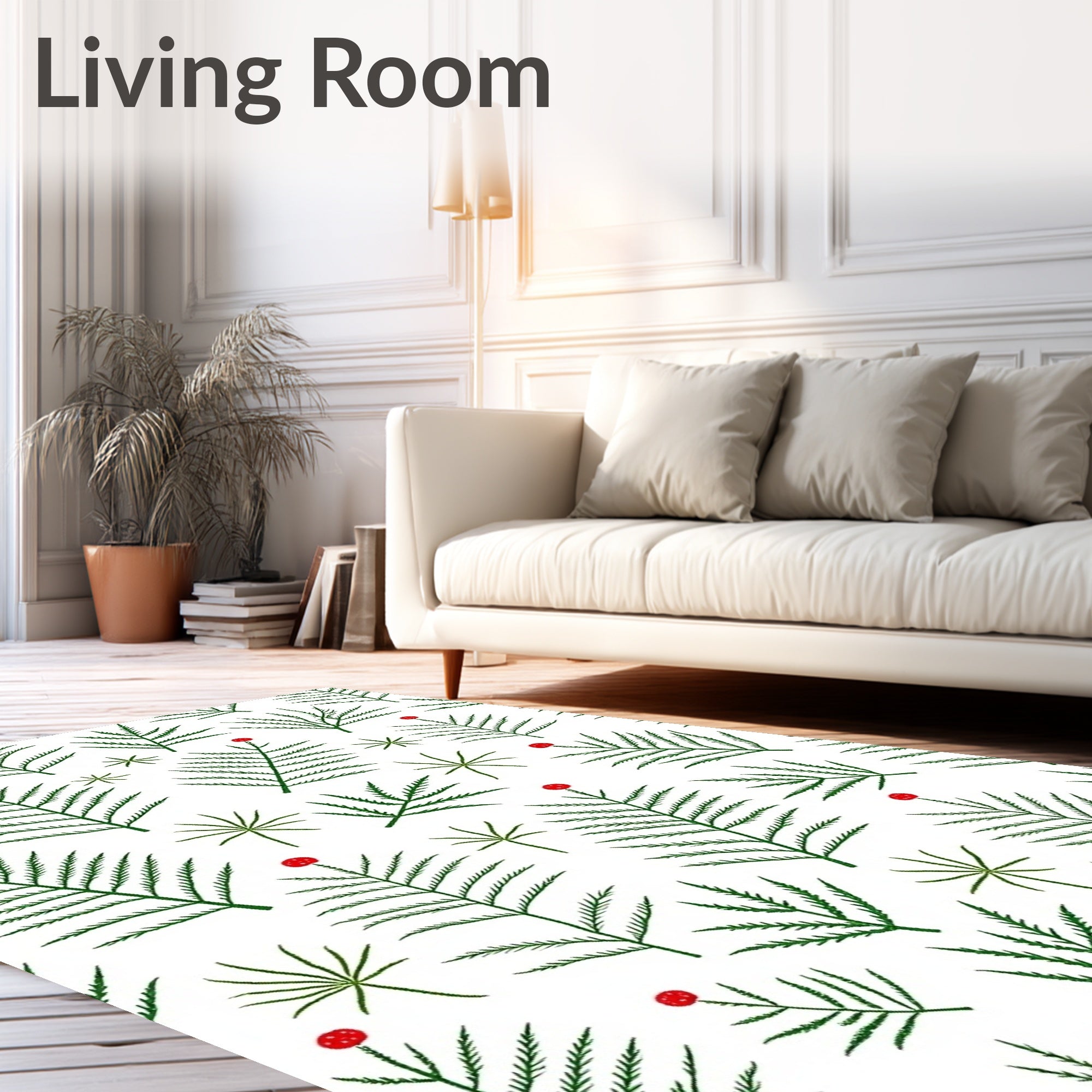 Green Fern Branches Red Berries Rug